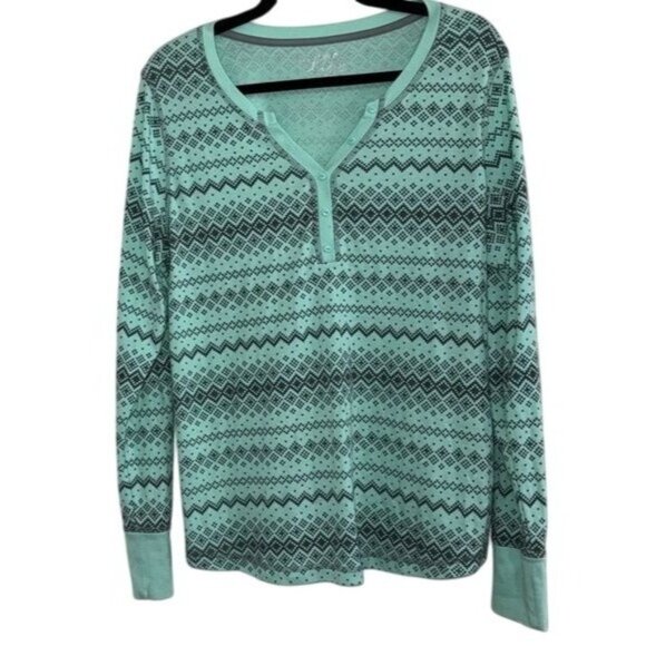 Made For Life Mint Green Fair Isle Print Henley Top Womens Size XL 100% Cotton L - Picture 1 of 7